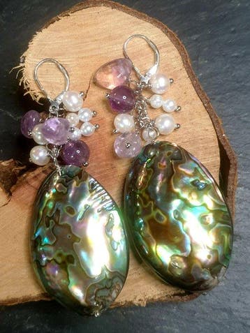Zilver, 925, Abalone/Paua-schelp, witte natuurlijke parels,, Verzamelen