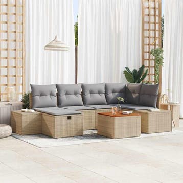 vidaXL Tuinbankenset 7 st Beige Poly riet, Tuin en Terras, Verzenden, Nieuw, 7 zitplaatsen