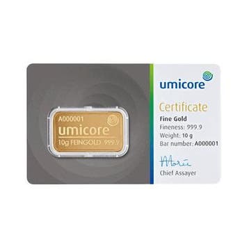 Umicore goudbaar 10 gram (LBMA certificaat), Postzegels en Munten, Edelmetalen en Baren, Verzenden