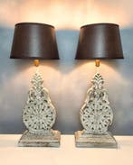 Tafellamp - hoogte - 50 cm - Hout, Leder - Twee lampen in