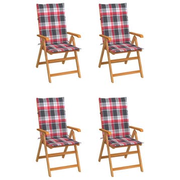 vidaXL Inklapbare stoelen 4 st met rood geruite kussens, Verzenden, Nieuw, Teakhout