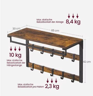 Wandkapstok met plank en 10 haken, Verzenden, Nieuw