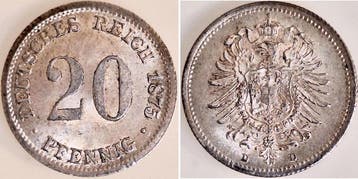 Duitsland 20 Pfennig 1875 D f prfr/f stgl J 005 zilver, Verzenden