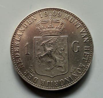 Nederland. Wilhelmina. 1 Gulden 1909 (Zonder minimumprijs), Postzegels en Munten