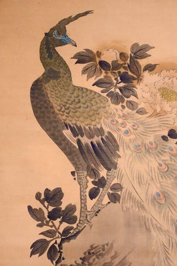 Vogel en bloem - Pauw op een rots en pioen - hangende rol -, Antiek en Kunst