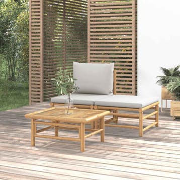 vidaXL 3-delige Loungeset met kussens bamboe lichtgrijs, Verzenden, Nieuw, Hout, Loungeset