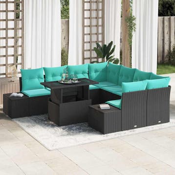 vidaXL Tuin Sofa Set 9 st Zwart poly rattan, Verzenden, Nieuw, Rotan, Meer dan 8 zitplaatsen
