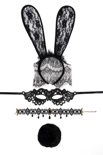 Haarband Set Bunny Zwart Kant Sluier Konijn Oren Masker Staa, Ophalen of Verzenden, Nieuw, Carnaval, Accessoires