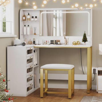 Witte Kaptafel met Spiegel, L-vormig Design, 5 Lades en Kruk, Verzenden, Nieuw