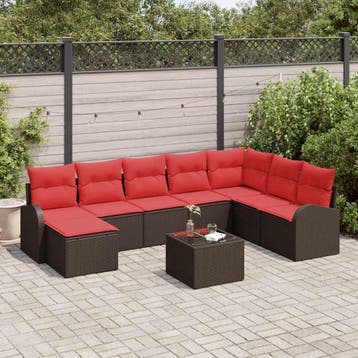 vidaXL Bankstel met kussen met opslag 9 pcs Bruin en Rood, Verzenden, Nieuw, Rotan, Meer dan 8 zitplaatsen