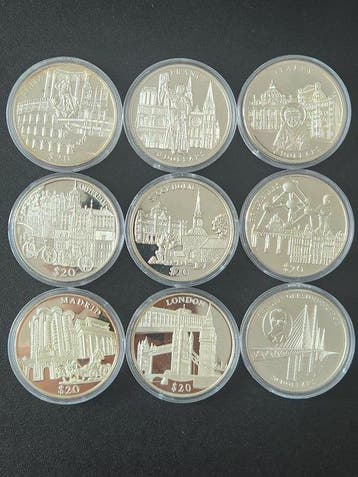 Liberia. 20 Dollars 2000/2004, Capitals of the World, 9 x
