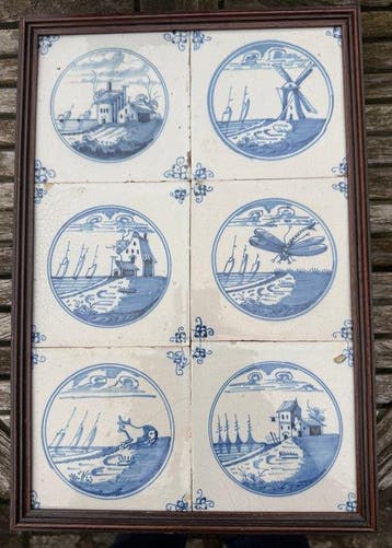 Tegel - Zes antieke blauw-witte tegels met Hollandse, Antiek en Kunst, Antiek | Glas en Kristal
