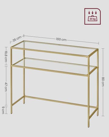 VASAGLE Console Tafel met 2 Glazen Legborden - Goudkleurig M, Verzenden, Nieuw