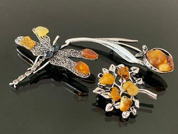 Barnsteen-broche Set - Libelle, Tulp en Levensboom-broches •, Antiek en Kunst