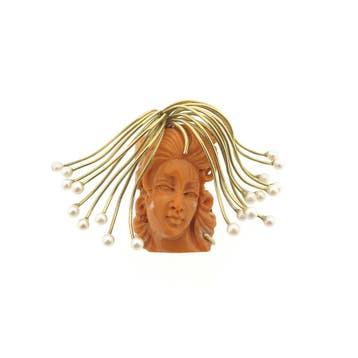 Gouden Medusa hanger in bloedkoraal en parels, Ophalen of Verzenden, Gebruikt, Goud, Overige merken