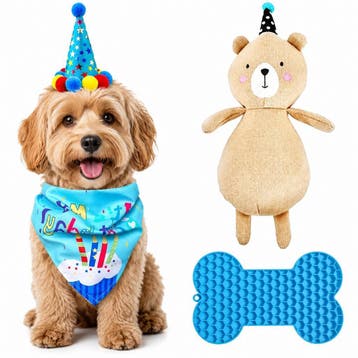Honden verjaardagspakket blauw 4-delig met bandana, hoedje,, Ophalen of Verzenden, Nieuw, Hondenspeelgoed