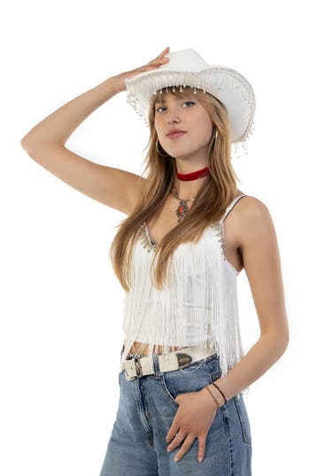 KIMU® Cowboyhoed Wit Strass Steentjes Witte Cowboy Western H, Ophalen of Verzenden, Nieuw, Carnaval