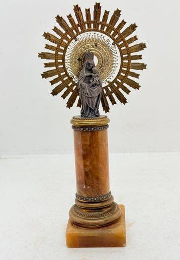 Figuur - Virgen en Pedestal - Zilver, Marmer