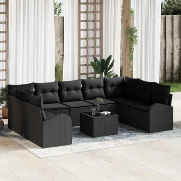 vidaXL Bankstel 10 st 9-zits Zwart poly rattan, Verzenden, Nieuw, Meer dan 8 zitplaatsen