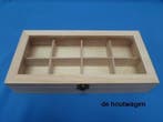 houten kist met 8 vakken en glazen deksel - houten kist, Huis en Inrichting, Woonaccessoires | Kisten, Minder dan 50 cm, Glas