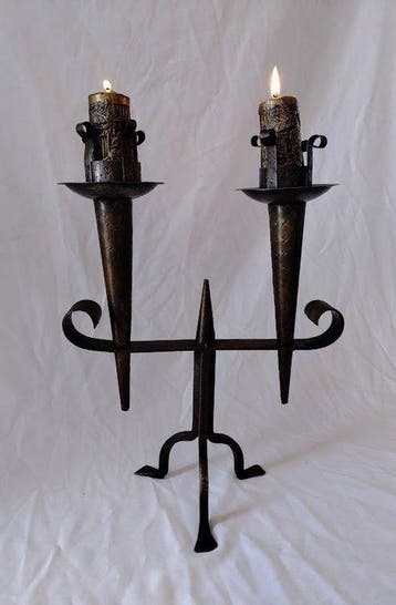 Kaarsenhouder Brutalistische kroonluchter met 2 lampen -, Antiek en Kunst