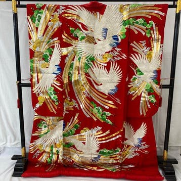 Japanse Vintage Kimono Uchikake, katoen, rode borduursels,
