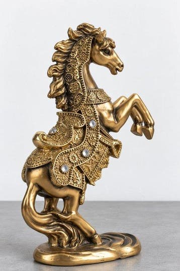 sculptuur, Elegant Gold Finished Rearing Horse Figurine with