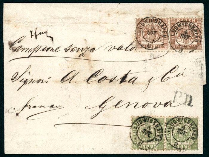 Baden 1862/1868 - Mengfrankatuur met paar 9 kr. bruin en, Postzegels en Munten, Postzegels | Europa | Duitsland