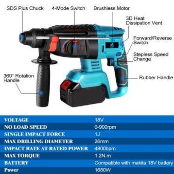 Boor Hamer PROF 18V Past op Makita Accu 800W SDS-PLUS  26MM, Doe-het-zelf en Verbouw, Verzenden, Nieuw