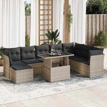 vidaXL 9-delige Loungeset met kussens poly rattan lichtgrijs, Verzenden, Nieuw, Loungeset