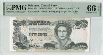 1974 Bahamas ½ Dollar Pick 42a Pmg Gem Unc 66 Epq, Verzenden