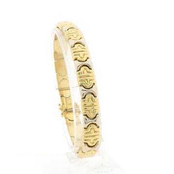 Bicolor gouden armband met fantasieschakel; 18 karaat; 20 cm, Sieraden, Tassen en Uiterlijk, Ophalen of Verzenden, Gebruikt, Goud