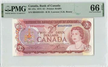 1974 Canada 2 Dollars Pick 86 Pmg Gem Unc 66 Epq, Verzenden
