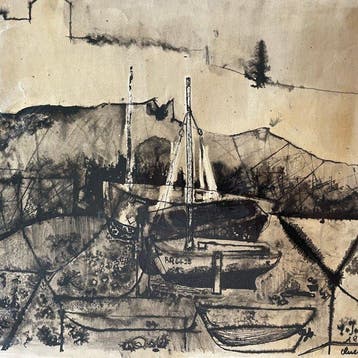 Yves Ganne (1931-2019) - Bateaux de pêche à Ouessant (1950), Antiek en Kunst