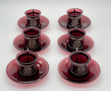 Kop en schotel (12) - Glas, Metaal - Pekinge glazen bekers