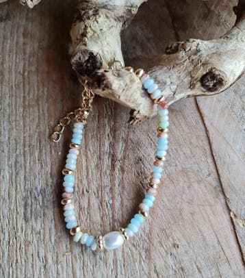 Handgemaakte edelsteen armband van Aquamarijn en parel -, Nieuw