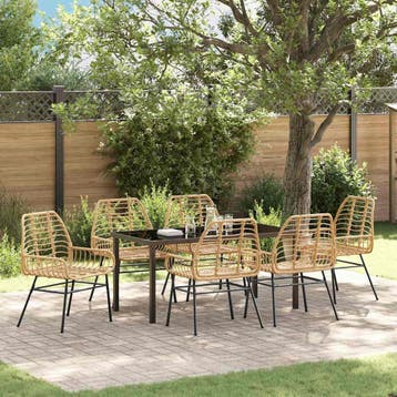 vidaXL Tuin eettafelset 7 pcs Bruin poly rattan, Verzenden, Nieuw, Rotan, 7 zitplaatsen
