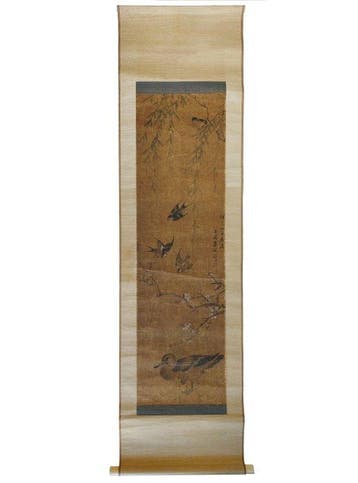 Peinture japonaise - Hirondelles et canards parmi un saule
