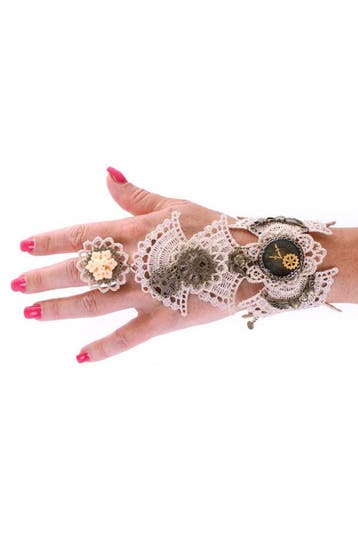 KIMU® Armband Kant Creme met Ring Great Gatsby Roaring Twent, Kunststof, Verstelbaar, Wit, Nieuw