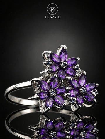 Zonder minimumprijs - Ring Amethist Bloemenring - 925, Nieuw