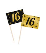 Classy Cocktail Prikkers 16 Jaar Zwart/Goud (50st), Ophalen of Verzenden, Nieuw