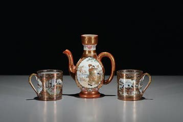 Beker - Kutani-porselein koffieset met waterkan en twee