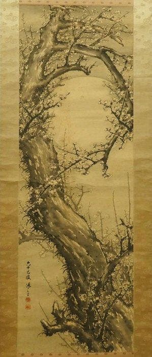 Very fine sumi-e painting Plum blossoms under moonlit,