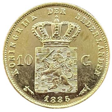Gouden 10 gulden 1885 Willem III Schaars, Koning Willem III, Verzenden, Goud, Losse munt
