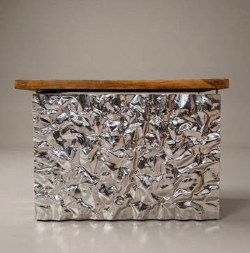 Wandtafel - Staal, Teak - Hamerslagafwerking, Nieuw