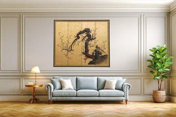 Byôbu  (vouwscherm) - Papier, Brokaatzijde, gelakt hout,