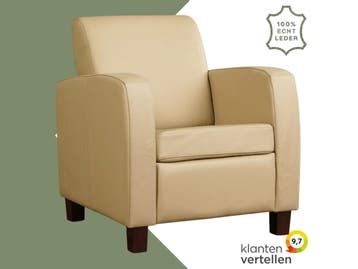 Leren fauteuil Joy - Toledo Kalahari (bruin) - Poten hout, Nieuw, Ophalen of Verzenden, Eigentijds, Klassiek, Modern, 50 tot 75 cm