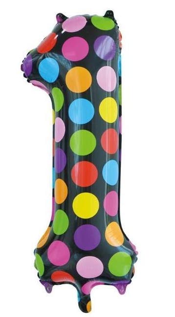 Folie Ballon Cijfer 1 gekleurd stippen 86 cm, Verzenden, Nieuw, Feestartikel, Verjaardag