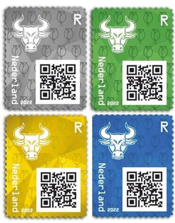 Nederland 2022 - 4 cryto zegels geel, blauw, groen en zwart, Postzegels en Munten, Gestempeld