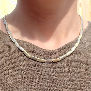 Bicolor gouden fantasie schakelcollier (Ketting), Ophalen of Verzenden, Gebruikt, Goud, Goud
